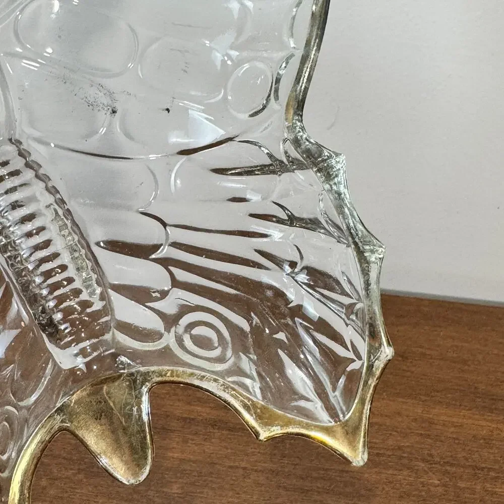 Vintage Clear Glass Butterfly Divided Candy Nut Dish Gold Trim Mid Century